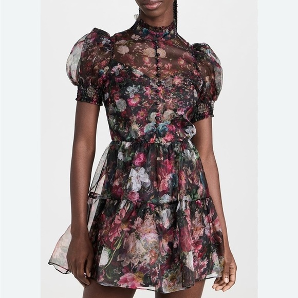 Alice + Olivia Sheer Floral Mini Dress - Black and Pink - Picture 1 of 12